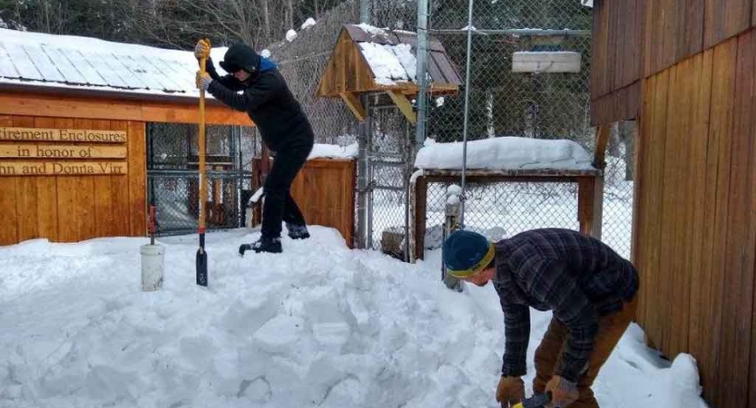 two people use snow tools during a service project with outward bound